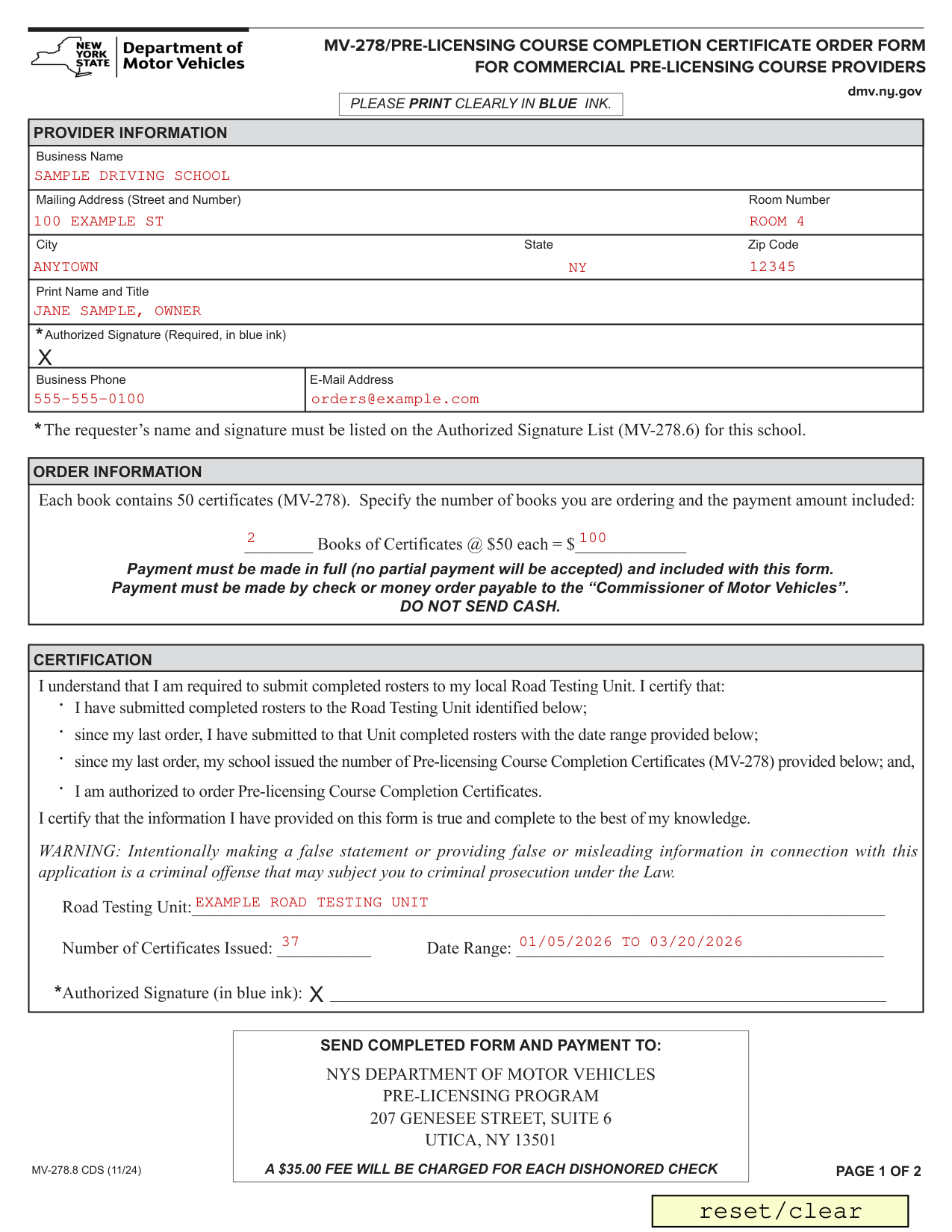 Form MV-278 example filled out, example: a driving school orders two books