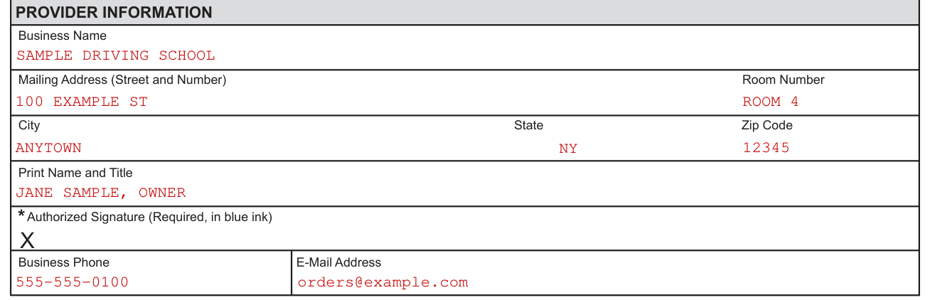 Form MV-278 example filled out, provider Information