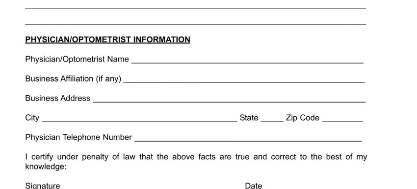 pa window tint medical exemption form PHYSICIANOPTOMETRIST INFORMATION, PhysicianOptometrist Name, Business Affiliation if any, Business Address, City  State  Zip Code, Physician Telephone Number, I certify under penalty of law, and Signature  Date blanks to insert