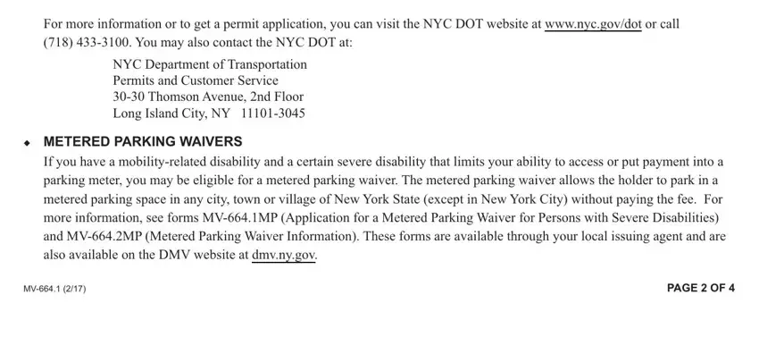 mv664 1 For more information or to get a, You may also contact the NYC DOT, NYC Department of Transportation, METERED PARKING WAIVERS If you, and PAGE  OF fields to complete