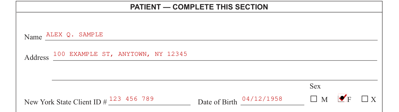 Form MV-80L example filled out, pATIENT: complete this section