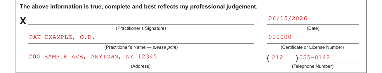 Form MV-80L example filled out, pRACTITIONER: signature, name, license number, address and telephone
