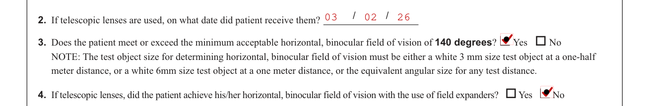 Form MV-80L example filled out, pRACTITIONER: telescopic lenses and the field of vision