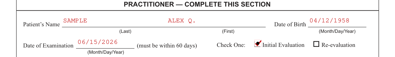 Form MV-80L example filled out, pRACTITIONER: the patient and the examination