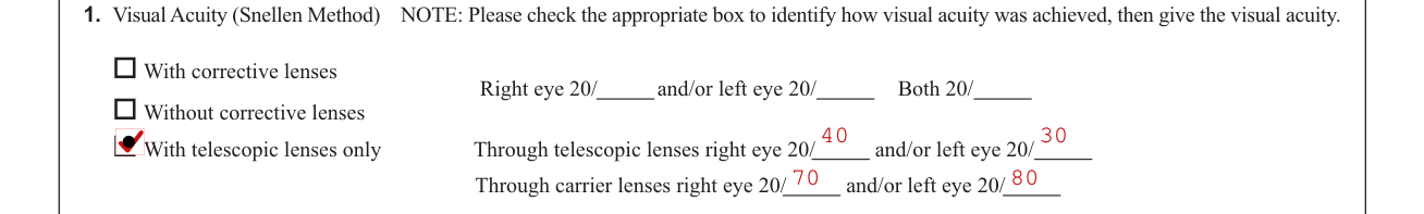 Form MV-80L example filled out, pRACTITIONER: Visual Acuity (Snellen Method)