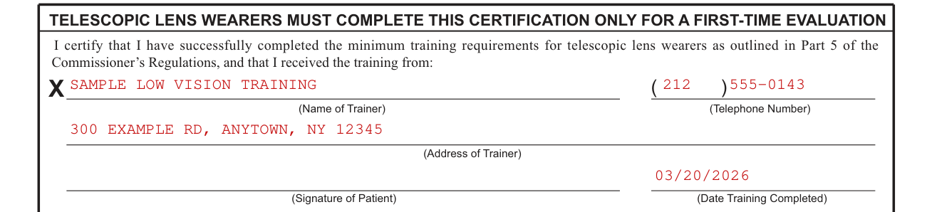 Form MV-80L example filled out, telescopic lens wearers: certification for a first-time evaluation