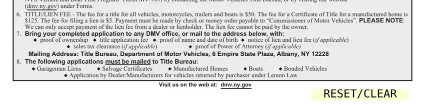 mv50 form lender sending a Notice of Lien, TITLELIEN FEE  The fee for a, Bring your completed application, proof of ownership  title, sales tax clearance if applicable, proof of Power of Attorney if, Mailing Address Title Bureau, The following applications must, Garageman Liens, Salvage Certificates, Manufactured Homes, Boats, Bonded Vehicles, Application by, and RESETCLEAR fields to fill