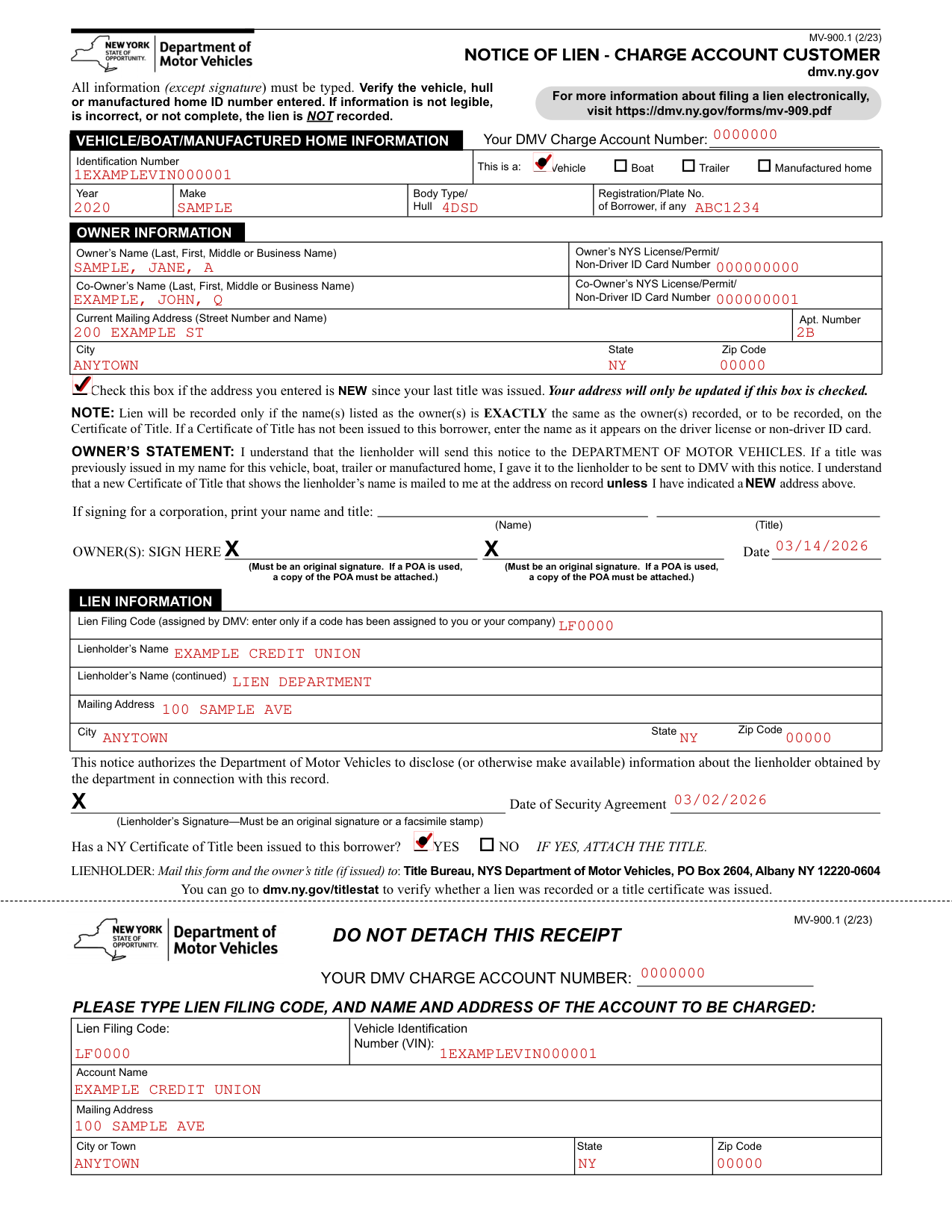 Form MV-900.1 example filled out, example: a lender records a lien on a car