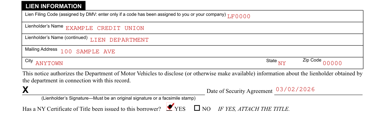 Form MV-900.1 example filled out, lien Information