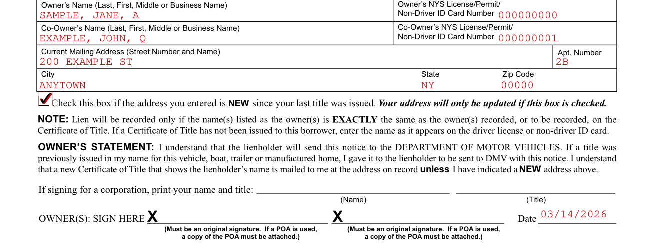 Form MV-900.1 example filled out, owner's Name, Co-Owner's Name and Current Mailing Address