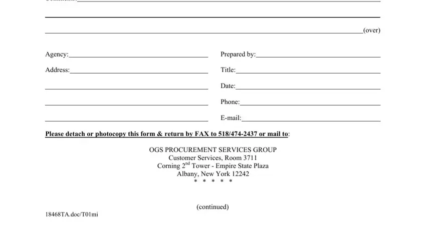 mv 999 Comments, Agency, Address, over, Prepared by, Title, Date, Phone, Email, Please detach or photocopy this, OGS PROCUREMENT SERVICES GROUP, TAdocTmi, and continued blanks to insert