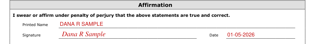Form MVD-11268 example filled out, affirmation