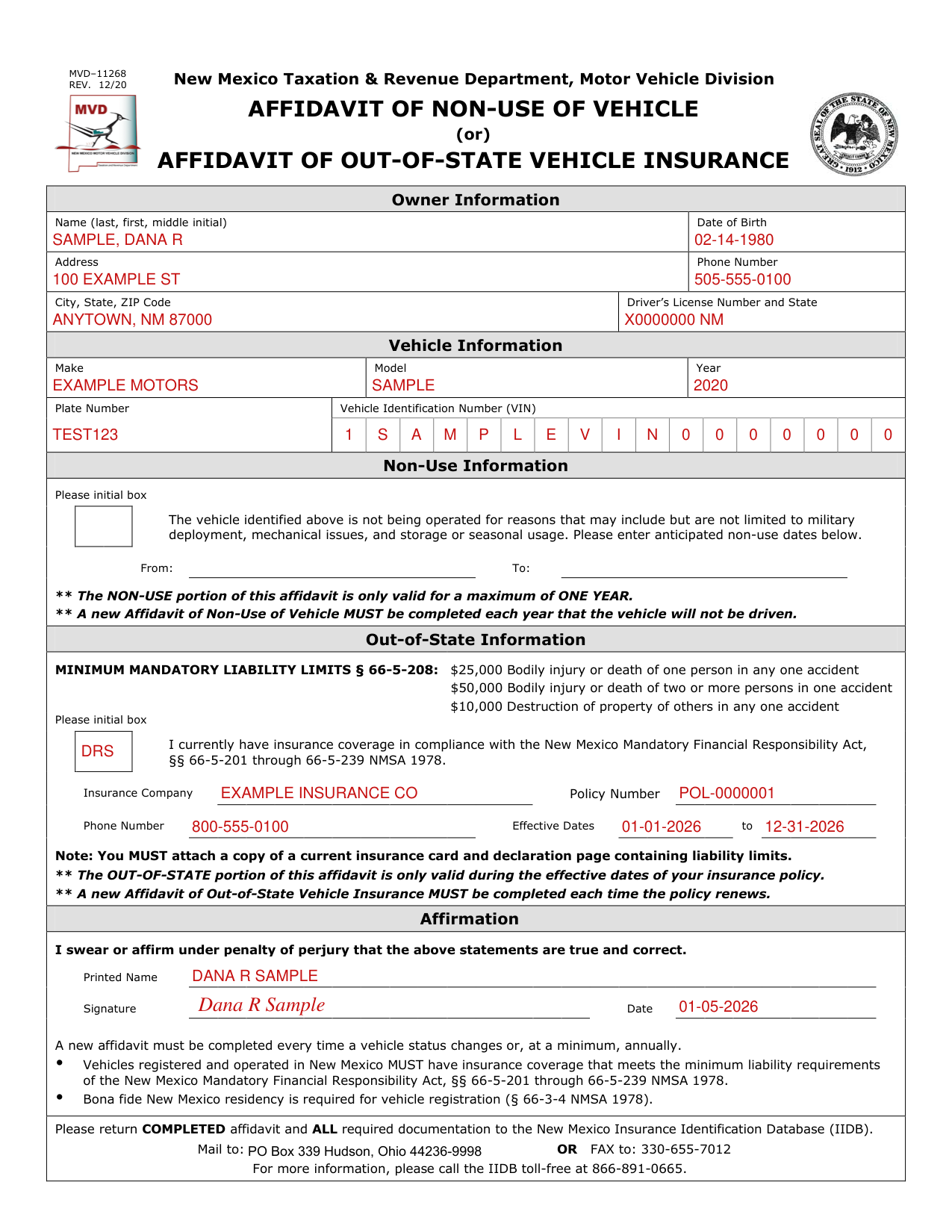Form MVD-11268 example filled out, example: an owner files the out-of-state insurance affidavit