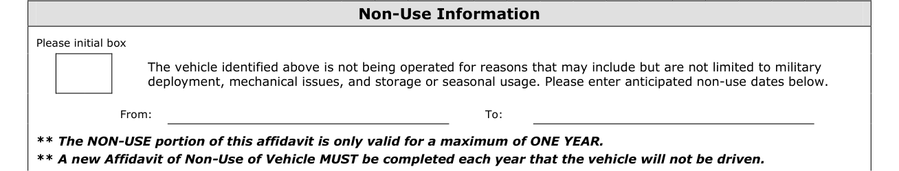 Form MVD-11268 example filled out, non-Use Information
