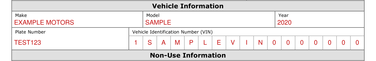 Form MVD-11268 example filled out, vehicle Information