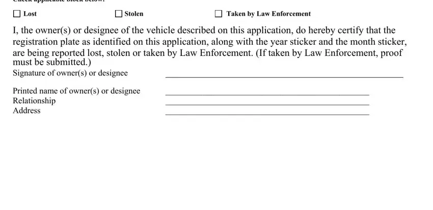 north mvr form Check applicable block below, Lost, Stolen, Taken by Law Enforcement, I the owners or designee of the, and Printed name of owners or designee blanks to fill