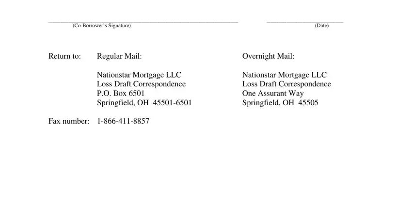 loss draft package CoBorrowers Signature, Date, Return to, Regular Mail, Overnight Mail, Nationstar Mortgage LLC Loss Draft, Nationstar Mortgage LLC Loss Draft, and Fax number fields to complete