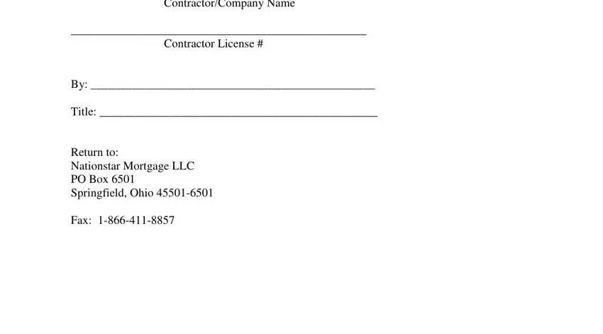 loss draft package ContractorCompany Name, Contractor License, Title, Return to Nationstar Mortgage LLC, and Fax blanks to fill out