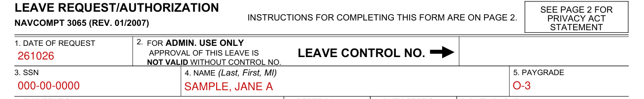 NAVCOMPT Form 3065 example filled out, date of request, SSN, name and paygrade
