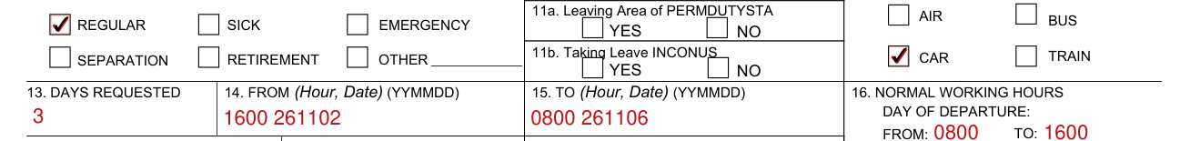 NAVCOMPT Form 3065 example filled out, days requested and the from and to hours and dates