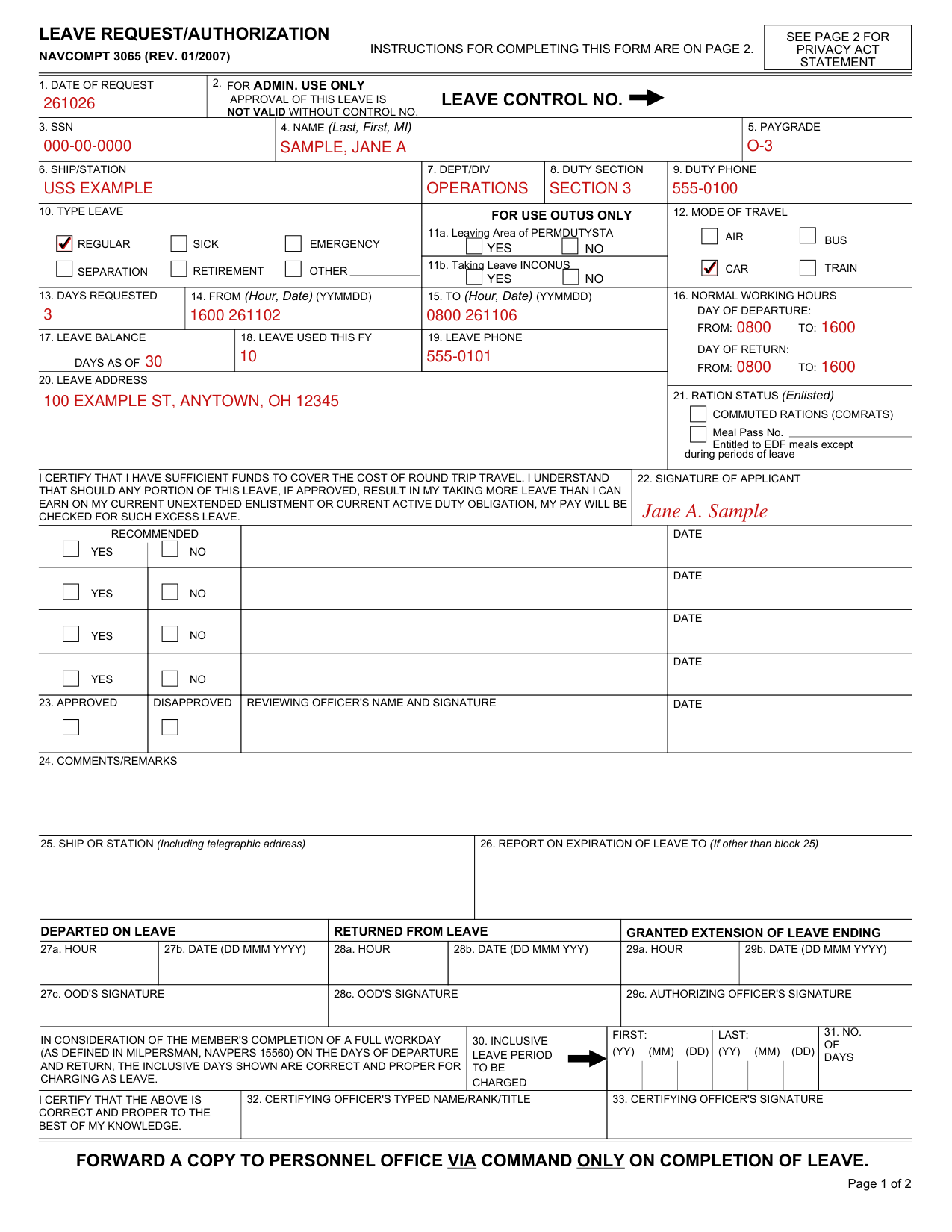 NAVCOMPT Form 3065 example filled out, example: an officer requests three days of regular leave
