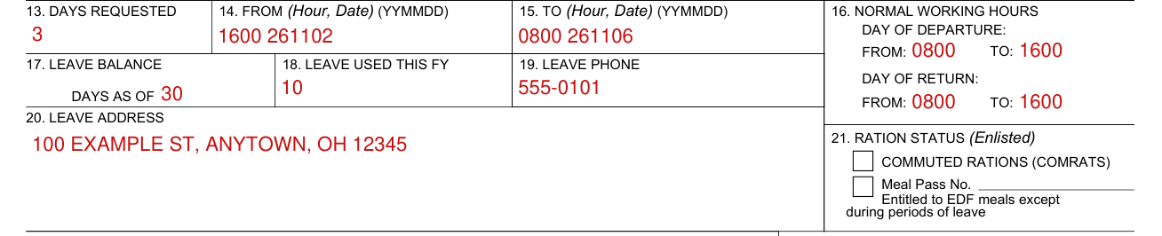 NAVCOMPT Form 3065 example filled out, leave phone and leave address