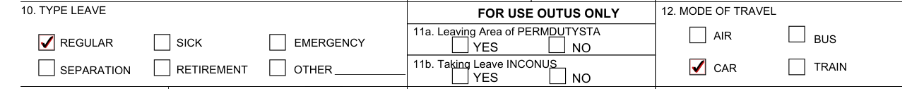 NAVCOMPT Form 3065 example filled out, leaving area of PERMDUTYSTA and taking leave INCONUS