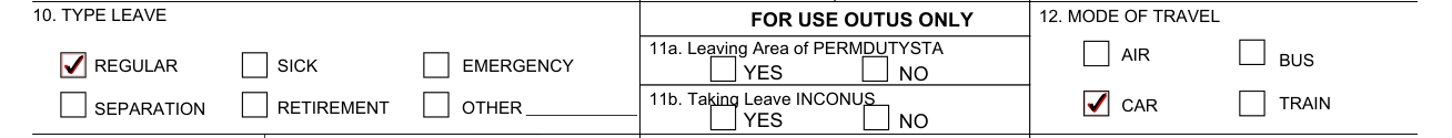 NAVCOMPT Form 3065 example filled out, mode of travel