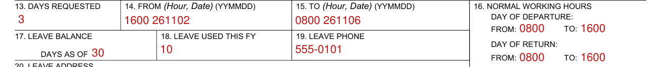 NAVCOMPT Form 3065 example filled out, normal working hours, leave balance and leave used this FY