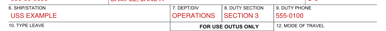 NAVCOMPT Form 3065 example filled out, ship or station, dept/div, duty section and duty phone