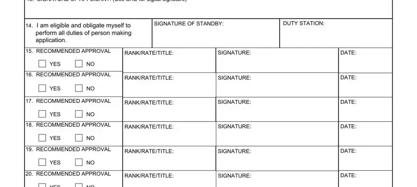 1336 3 SIGNATURE OF APPLICANT Use CAC, I am eligible and obligate myself, SIGNATURE OF STANDBY, DUTY STATION, RECOMMENDED APPROVAL, RANKRATETITLE, SIGNATURE, YES, RECOMMENDED APPROVAL, YES, RANKRATETITLE, SIGNATURE, RECOMMENDED APPROVAL, RANKRATETITLE, and SIGNATURE blanks to complete