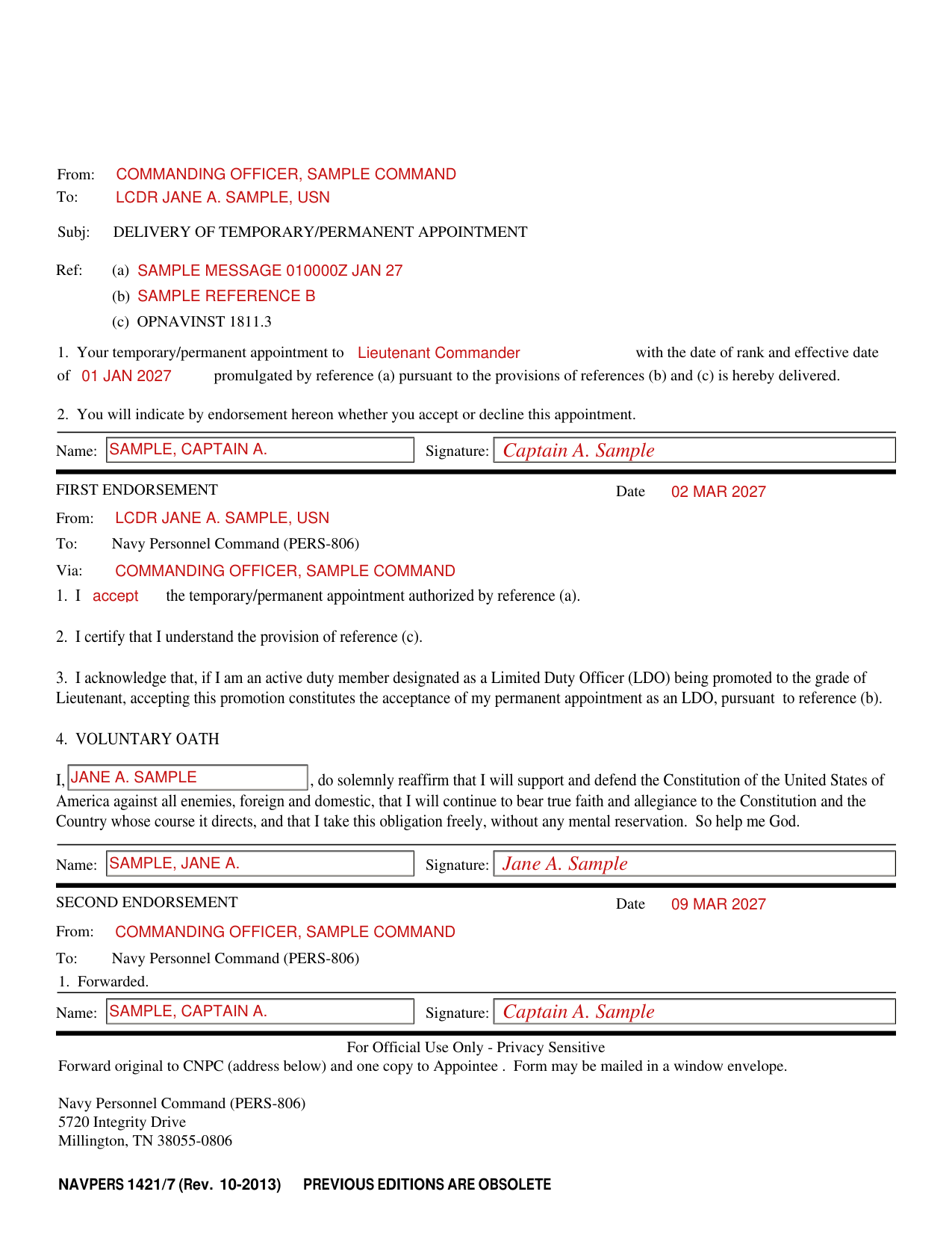 NAVPERS 1421/7 example filled out, example: a lieutenant commander accepts an appointment
