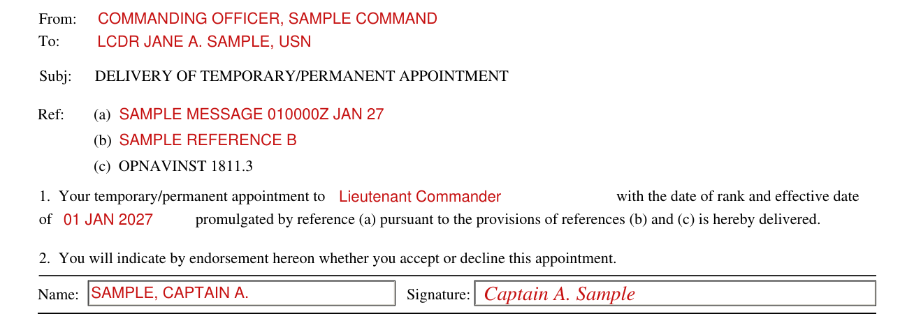 NAVPERS 1421/7 example filled out, from, To, Ref, the appointment, Name and Signature