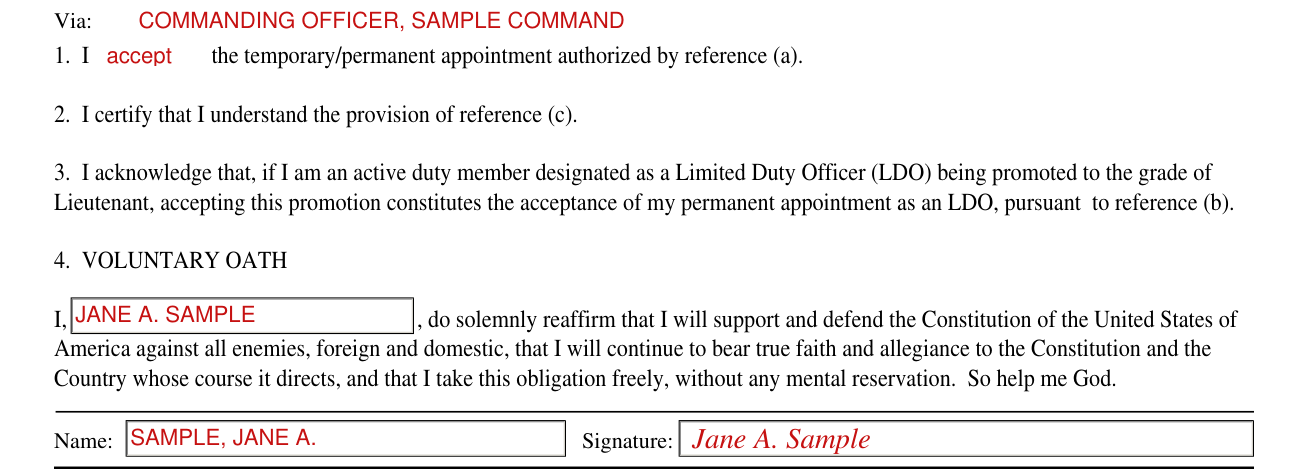 NAVPERS 1421/7 example filled out, i certify, the VOLUNTARY OATH, Name and Signature