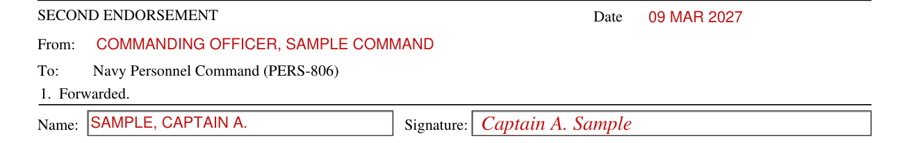 NAVPERS 1421/7 example filled out, sECOND ENDORSEMENT: Date, From, Forwarded, Name and Signature