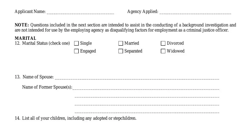 f 3 form ApplicantName, AgencyApplied, MARITALMaritalStatuscheckone, Single, Engaged, Married, Separated, Divorced, Widowed, NameofSpouse, and NameofFormerSpouses blanks to fill