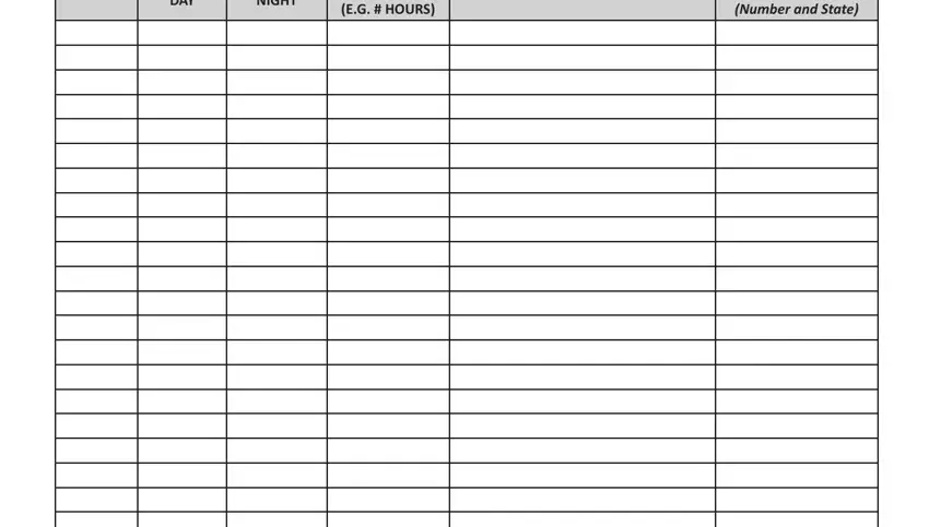 ncdmv driving log TIME OF DAY, TIME OF NIGHT, AMOUNT OF DRIVING TIME EG  HOURS, and SUPERVISING DRIVERS DL Number and fields to fill out