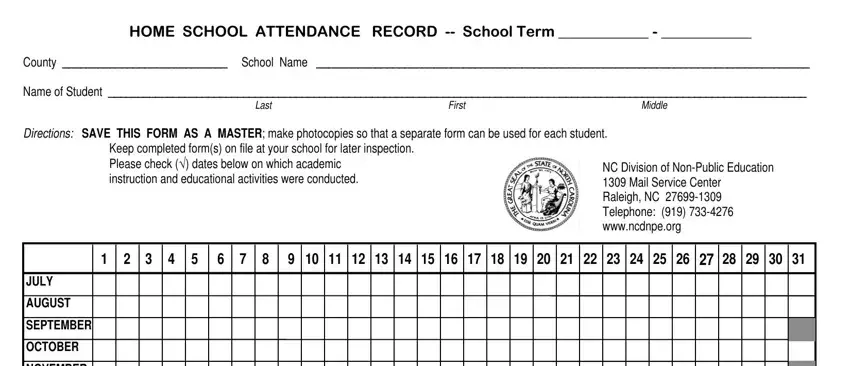 portion of blanks in home school attendance record printable