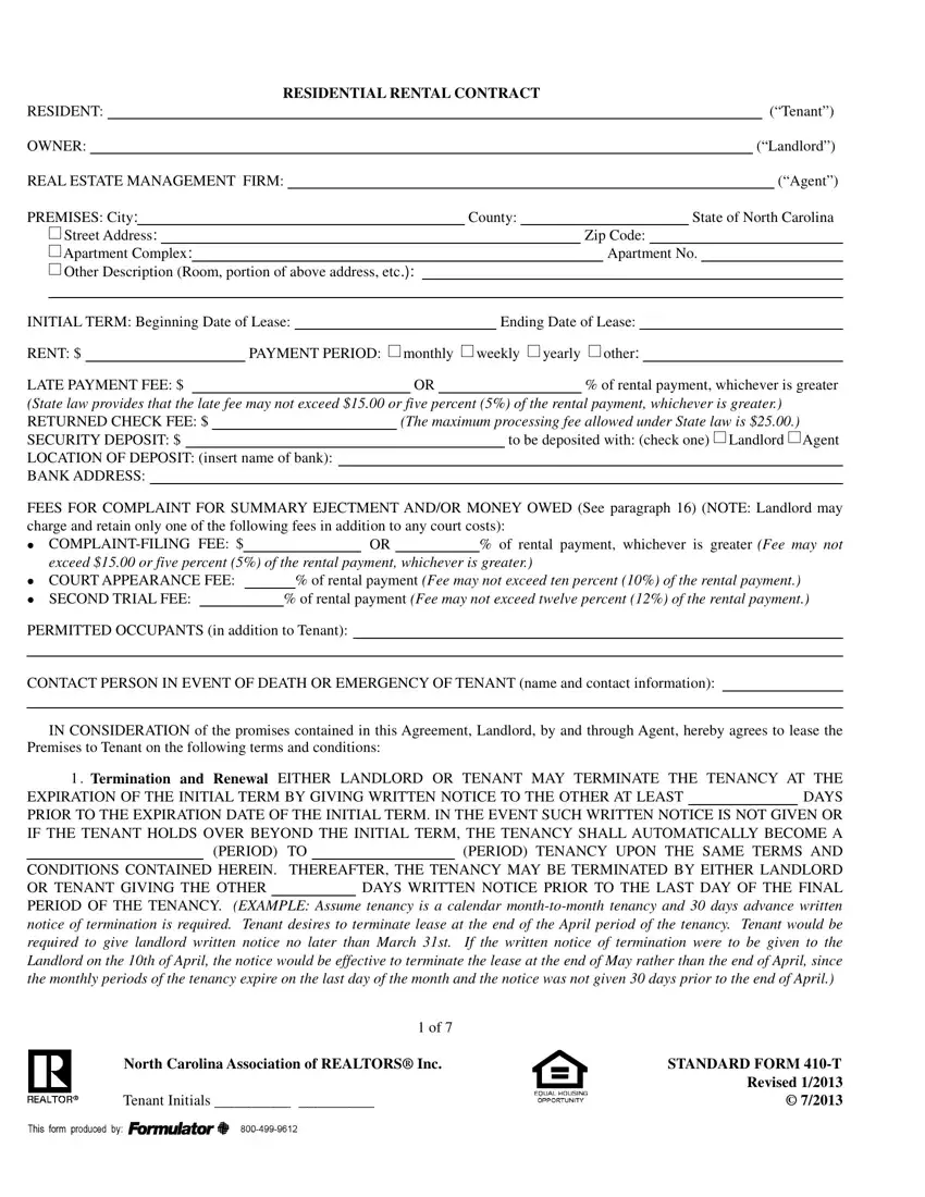 Nc Residential Rental Contract Form 410 T first page preview