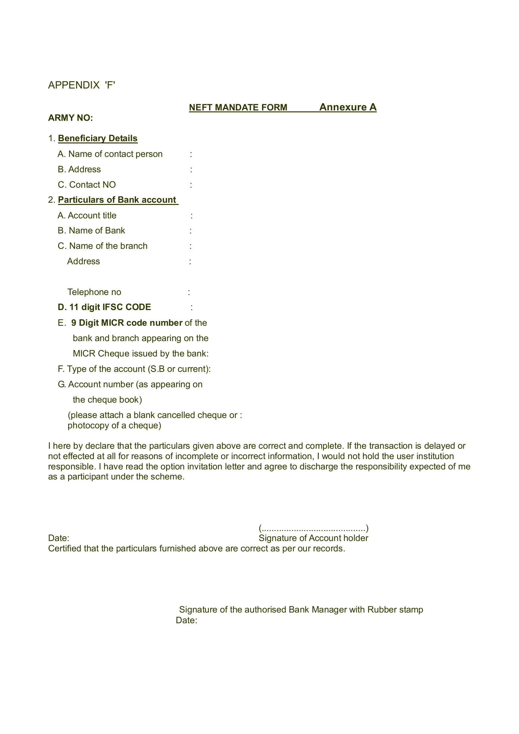 Neft Mandate Form Army Fill Out Printable PDF Forms Online