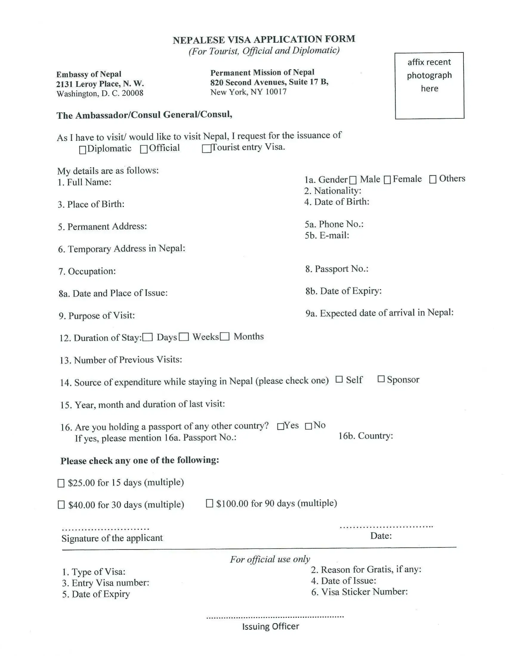 Nepal Visa Application Form Fill Out Printable PDF Forms Online