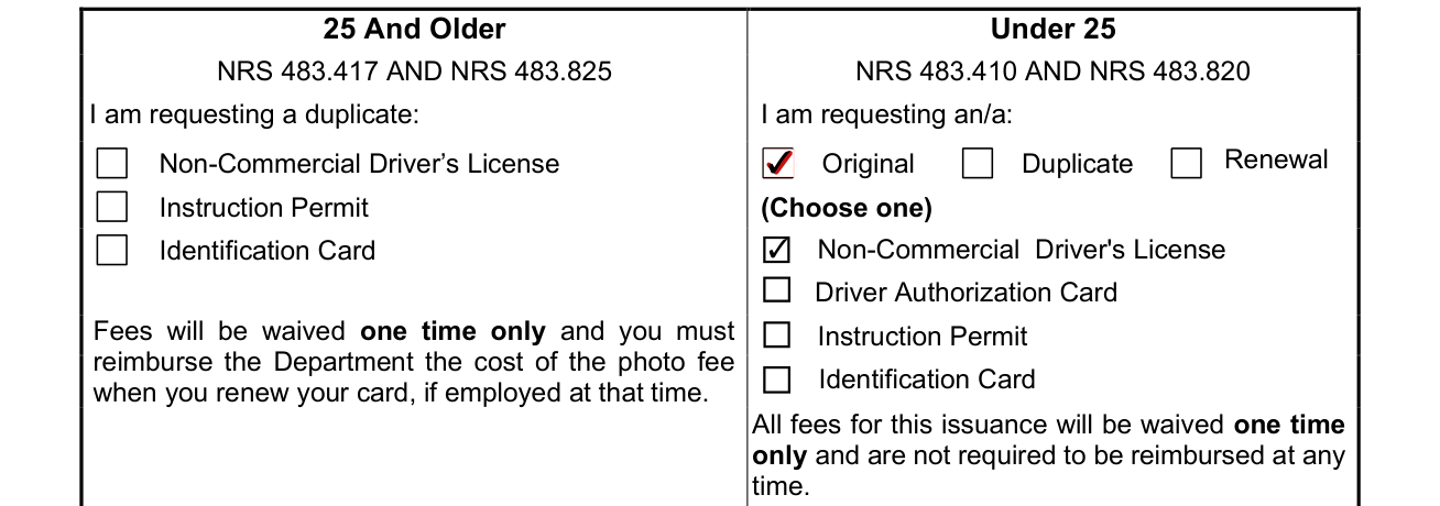 Form DMV-128 example filled out, 25 And Older