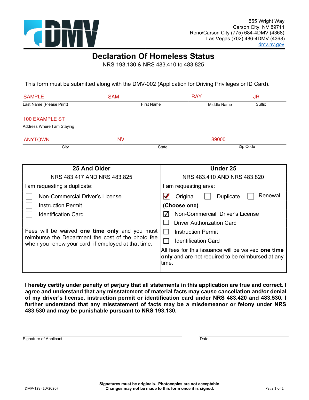 Form DMV-128 example filled out, example: an applicant under 25 asks for an original license