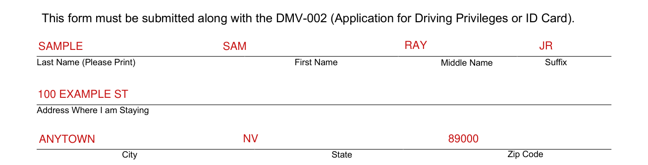 Form DMV-128 example filled out, your name and the Address Where I am Staying