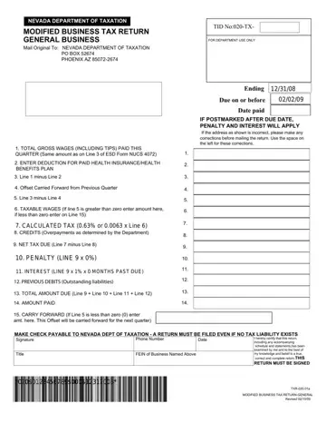 Nevada Modified Tax Return Form Preview