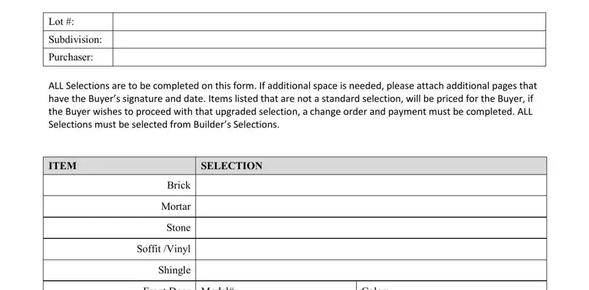 portion of blanks in home builder selection sheet