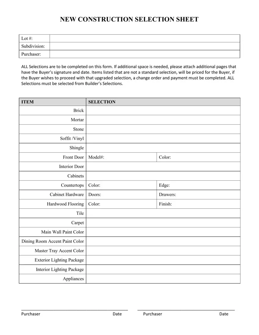 New Construction Selection Sheet first page preview