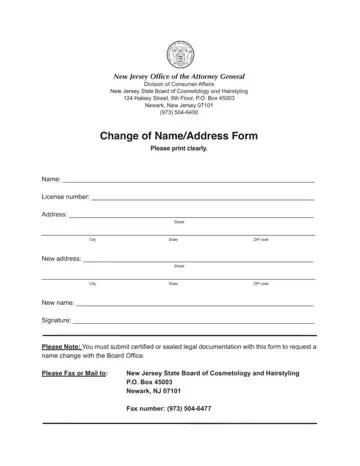 New Jersey Change Of Name Address Form Preview