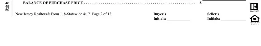 new jersey realtors form 118 statewide 3 20 TOTAL PURCHASE PRICE, New Jersey Realtors Form Statewide, Buyers Initials, and Sellers Initials blanks to fill