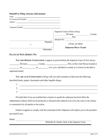 New Jersey Subpoena Form Preview